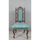 A Carolean style fruitwood side chair, the blue upholstered back with barley twist uprights, over an