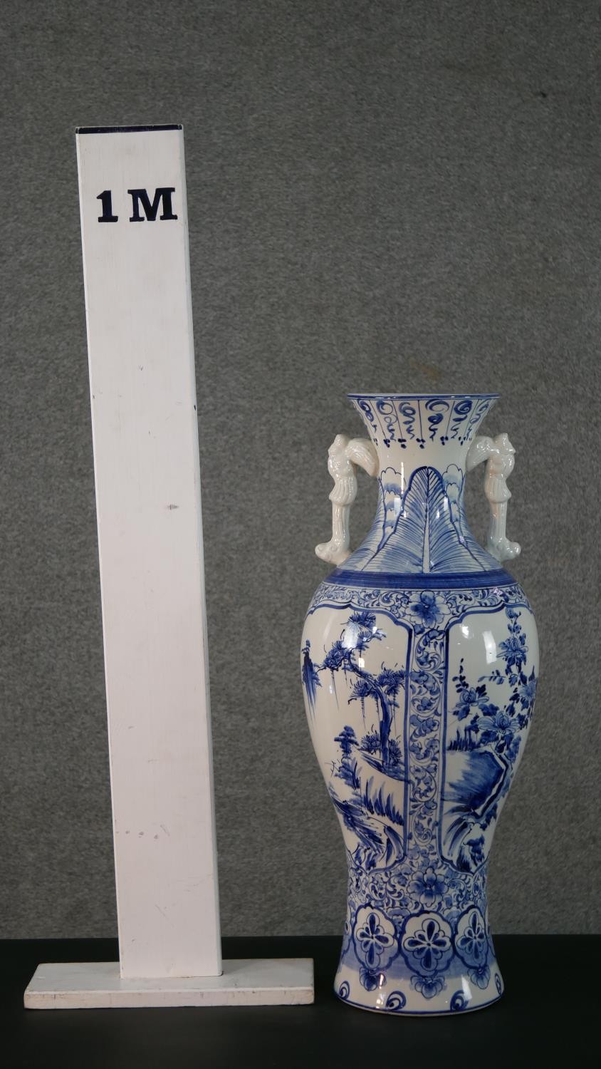 A large blue and white Chinese porcelain twin handled vase, one side decorated with a river scene - Image 9 of 9