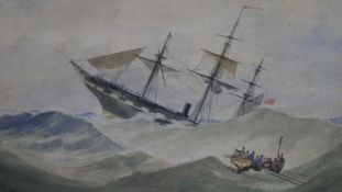 An unframed 19th century watercolour of a sinking galleon with crew in rowing boat. Signed A.