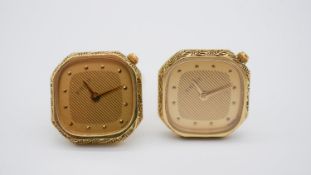 A pair of 14 carat yellow gold Tissot novelty watch cufflinks decorated with a foliate design border