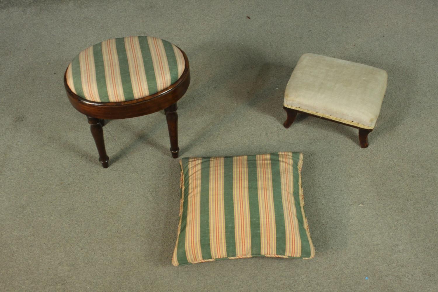 An oval footstool with striped fabric on turned legs, together with a cushion in matching fabric, - Image 4 of 7