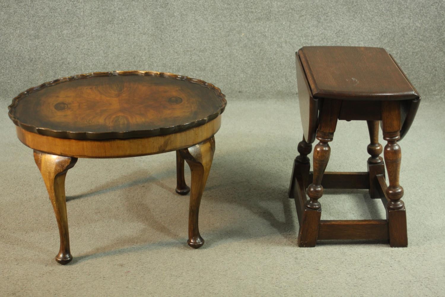 A 1930's figured walnut coffee table, with a circular pie crust top on cabriole legs, together - Image 3 of 7