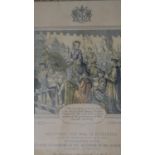 A framed and glazed hand coloured engraving of the twenty fifth anniversary accession majesty the