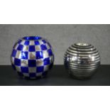 Two Art Deco mercury style blown glass globe vases, one with a black banded design and the other