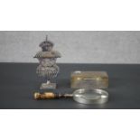 A collection of collectables, including a silver engine decorated cedar lined cigarette box with