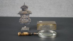 A collection of collectables, including a silver engine decorated cedar lined cigarette box with