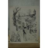 An unframed pen and ink drawing of a countryside scene with smaller sketch of a country house,