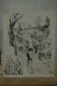 An unframed pen and ink drawing of a countryside scene with smaller sketch of a country house,