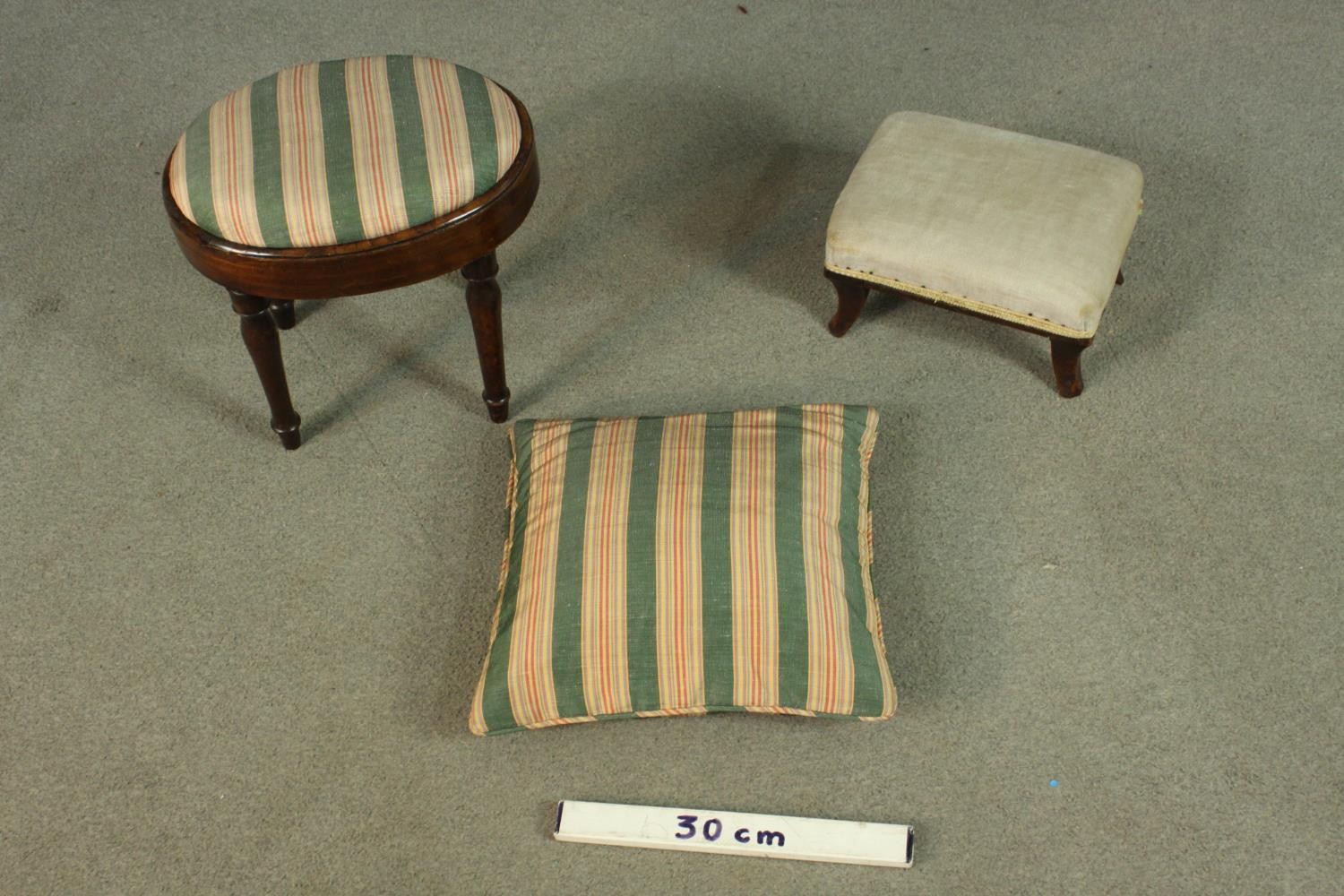 An oval footstool with striped fabric on turned legs, together with a cushion in matching fabric, - Image 7 of 7