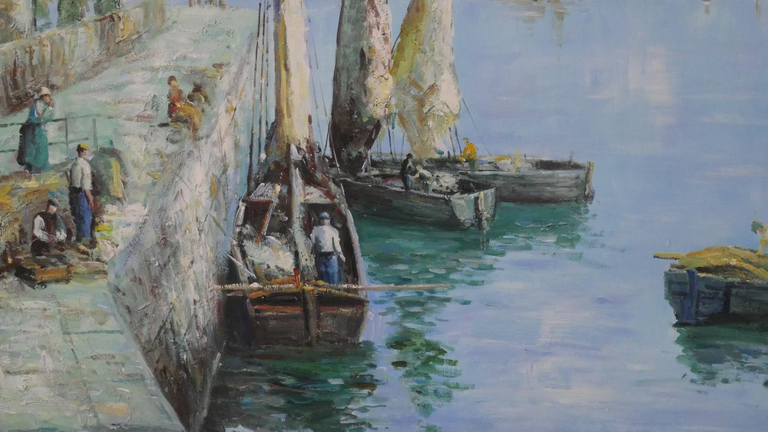 A gilded framed oil on canvas of fishing boats in the harbour. Unsigned. H.76 W.86cm