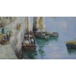 A gilded framed oil on canvas of fishing boats in the harbour. Unsigned. H.76 W.86cm
