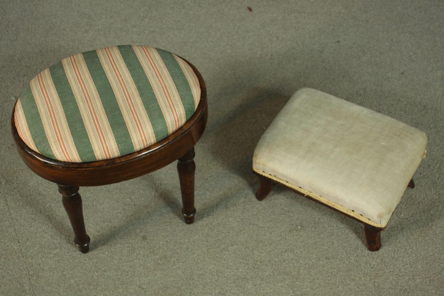 An oval footstool with striped fabric on turned legs, together with a cushion in matching fabric, - Image 2 of 7