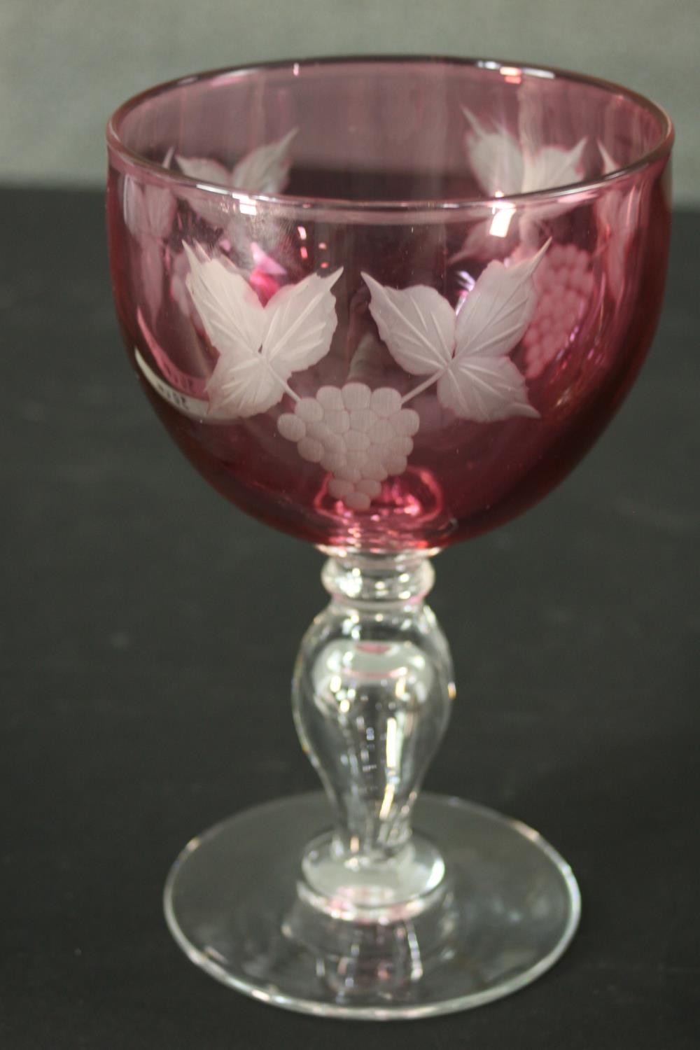 A cranberry glass etched vine design goblet along with a gilded brass Japanese cloisonné vase - Image 5 of 10