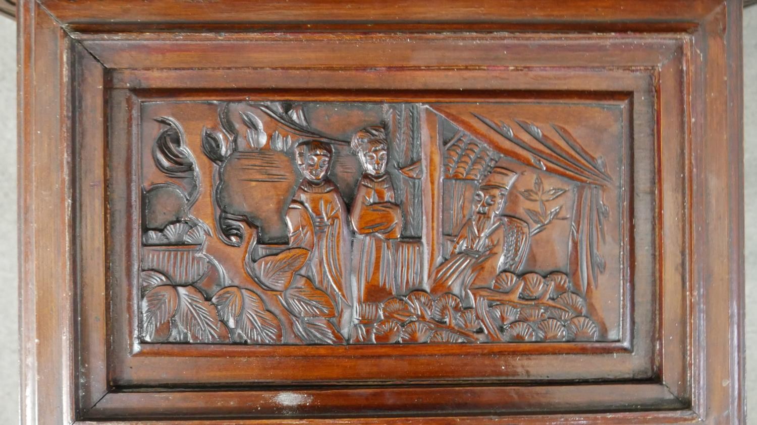 A nest to two Chinese hardwood occasional tables, with carved figural scenes to the top, on - Image 6 of 10