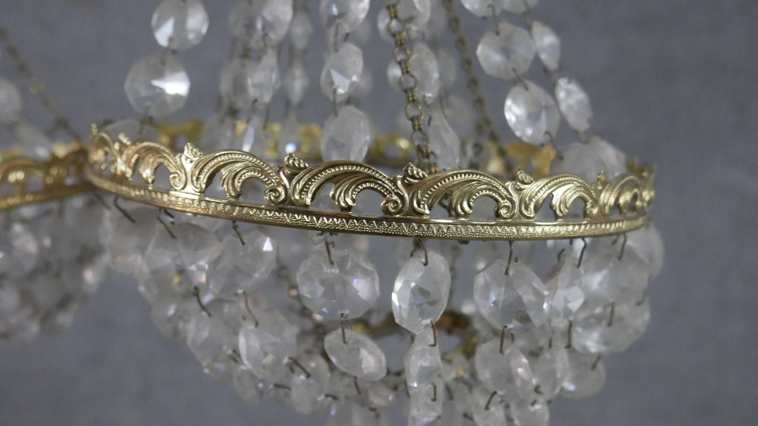 A pair of Empire style brass and crystal drop tent chandeliers. H.28 Diam.20cm - Image 2 of 6