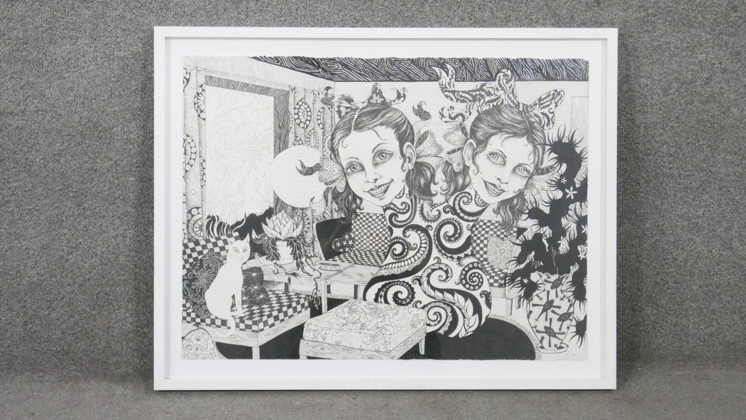 Julie Nord, Danish (1970) felt tip and ink on paper, 'Visitors', signed. H.69 W.87cm - Image 2 of 7