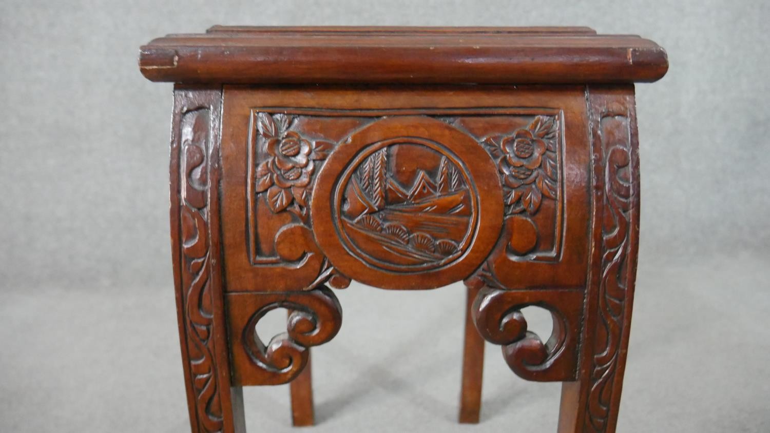 A nest to two Chinese hardwood occasional tables, with carved figural scenes to the top, on - Image 10 of 10