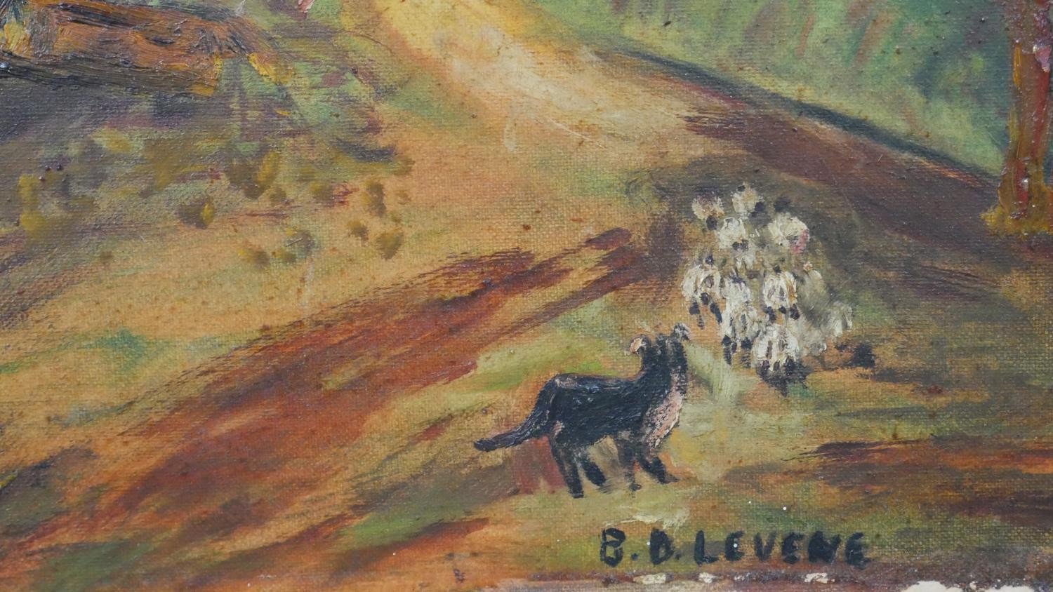After Ben Levene, oil on board, country lane with sheep and sheepdog, signed B.D. Levene. H.45.5 W. - Image 5 of 7