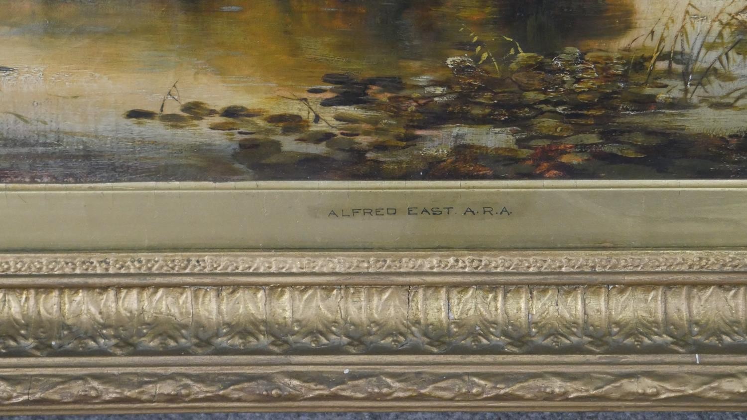 Sir Alfred East, ARA, British (1849 - 1913) - a 19th century oil on canvas of a lake scene at - Image 3 of 7