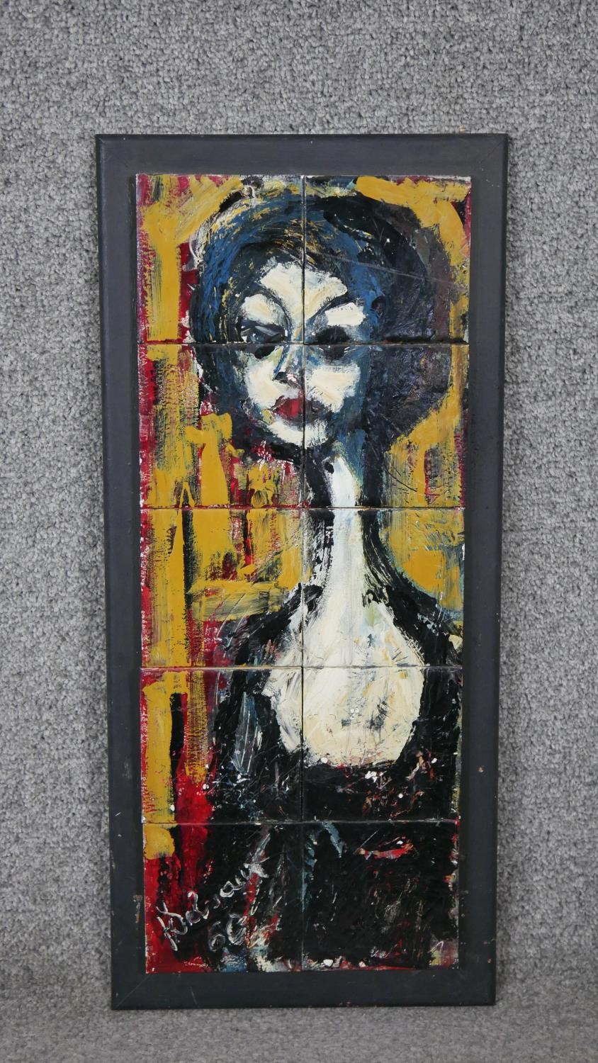 A framed oil on tile of a female figure, indistinctly signed. H.56 W.25cm - Image 2 of 5
