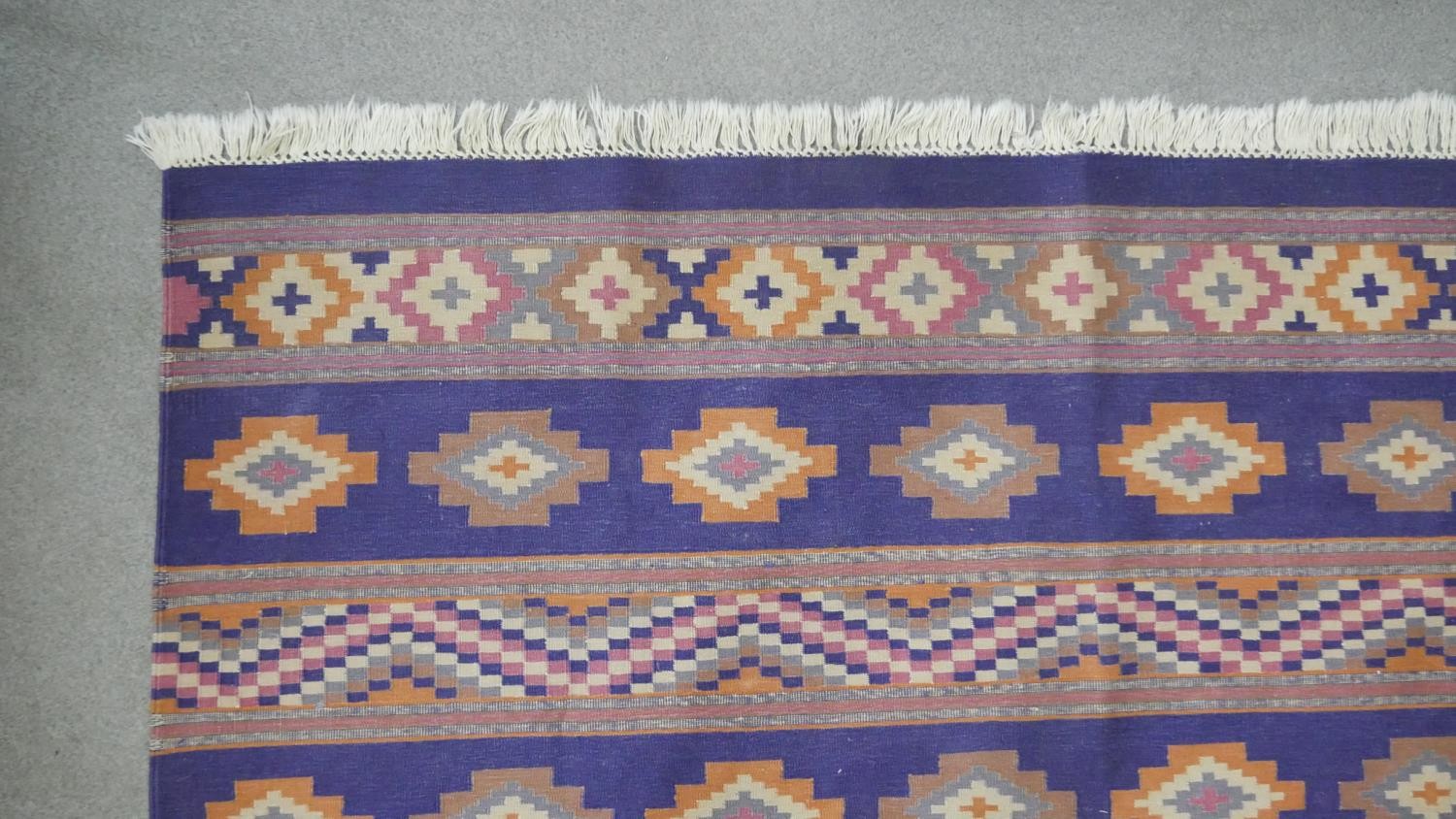 A Indian blue ground Dhurrie Kelim flat weave rug. L.275 W.85cm - Image 2 of 6