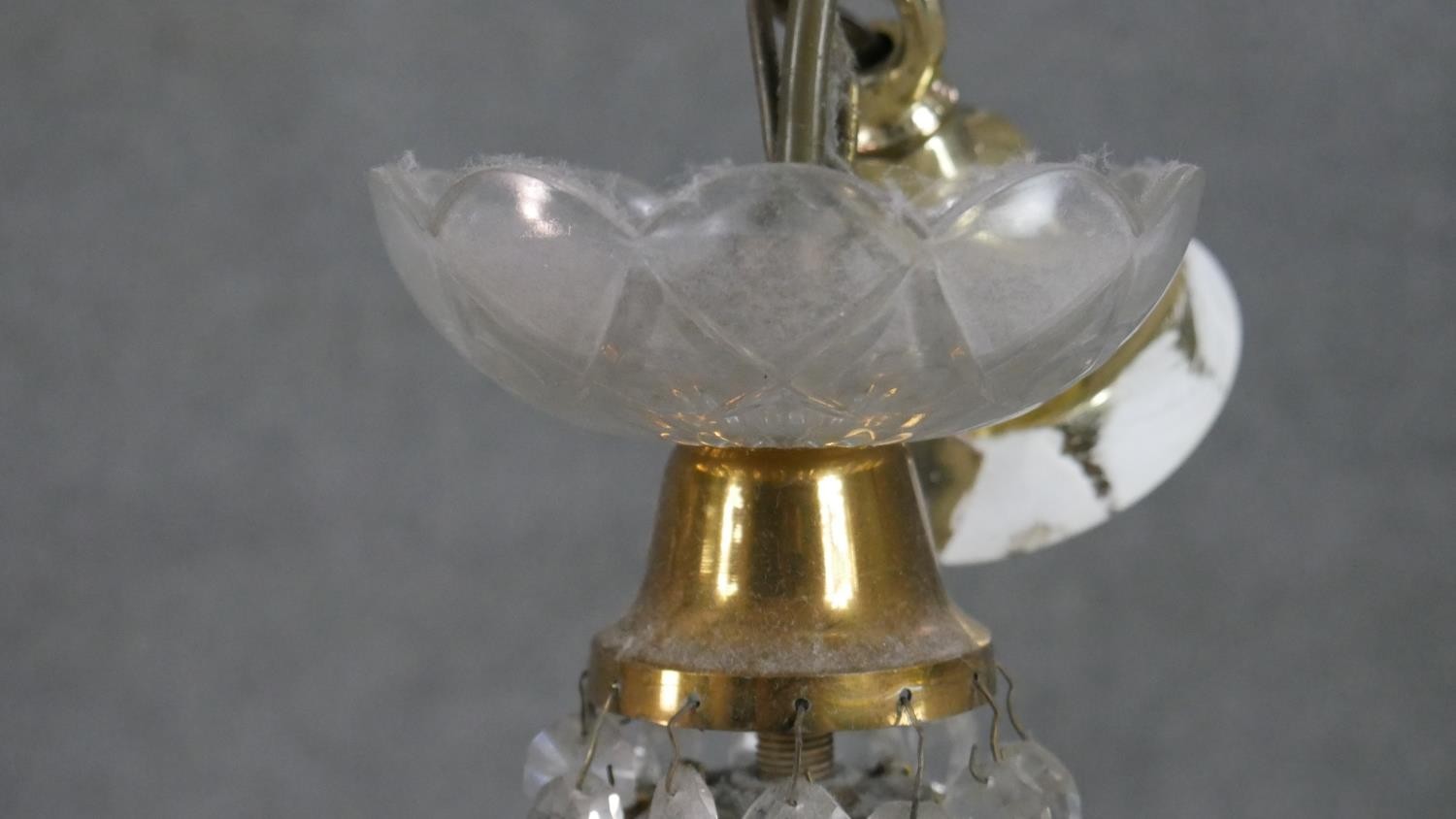 A pair of Empire style brass and crystal drop tent chandeliers. H.28 Diam.20cm - Image 3 of 6