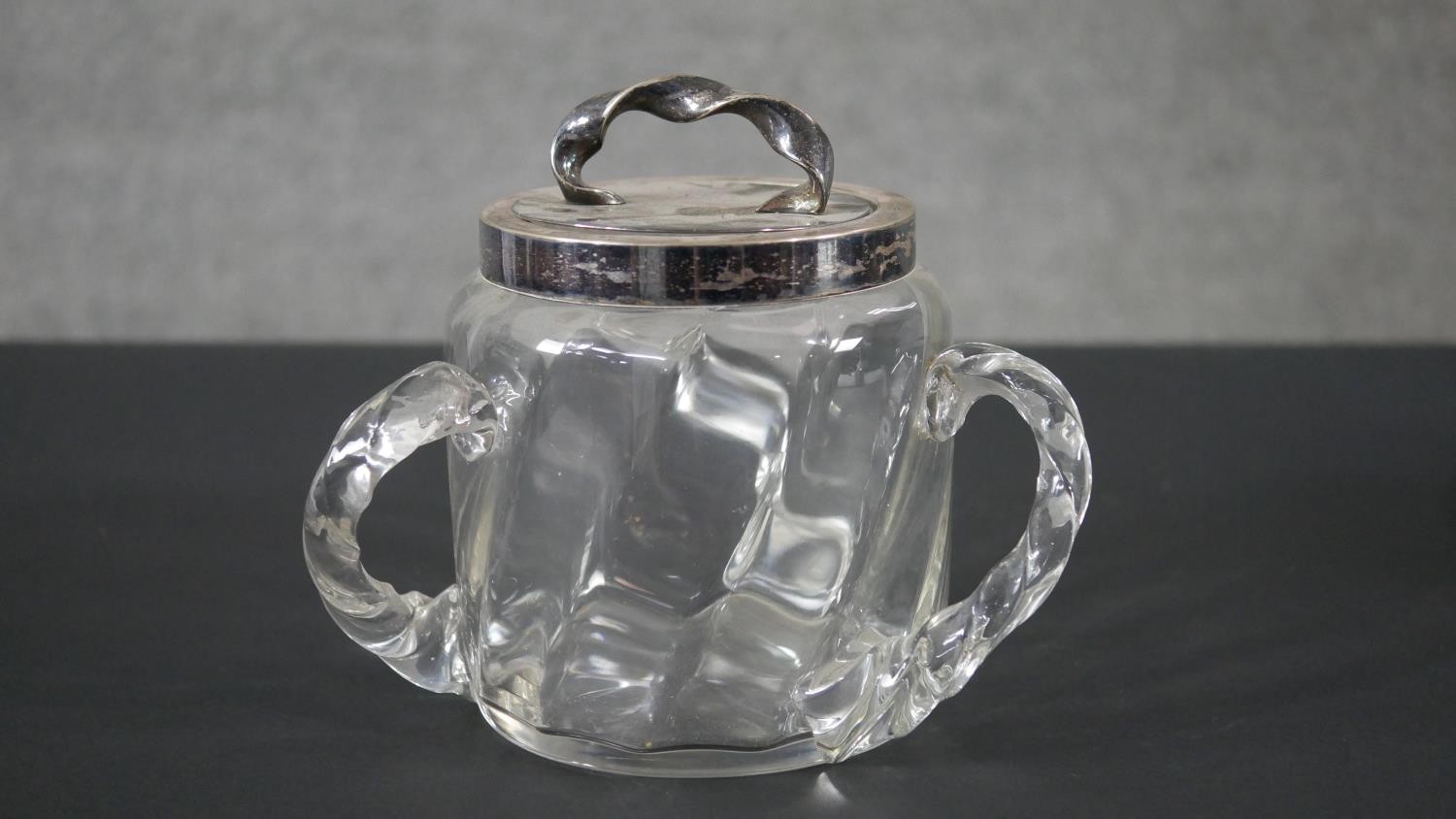 A Victorian silver plated three handled blown glass lidded biscuit barrel along with a Christoffel - Image 2 of 8