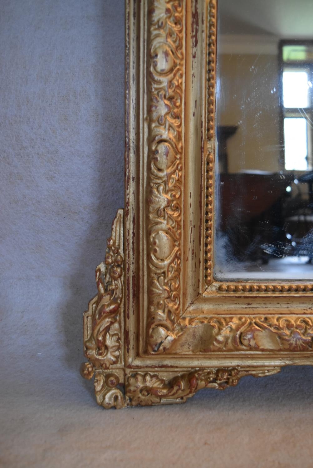 A 19th century overmantel or pier mirror in a gold painted foliate gesso frame. H.153 W.92cm - Image 5 of 6