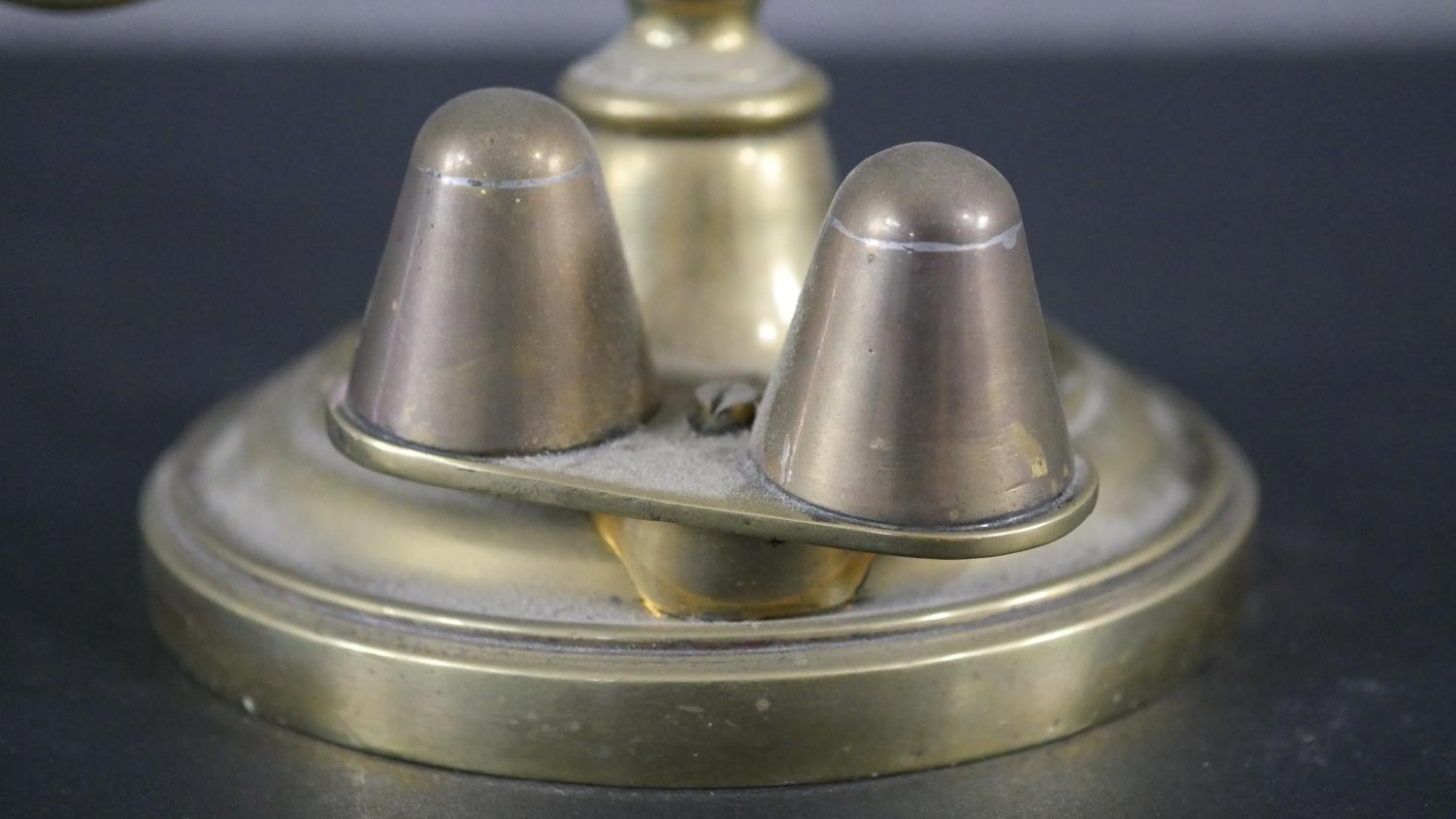 A 19th century brass double rise and fall student's candle lamp with scrolled arm supports. H.49 W. - Image 6 of 8