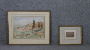 Two framed and glazed watercolours of landscapes. One indistinctly signed. H.46 W.56cm
