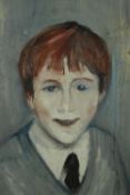 An unframed oil on canvas on board of a young boy, signed S. Dyas. H.64 W.48cm.