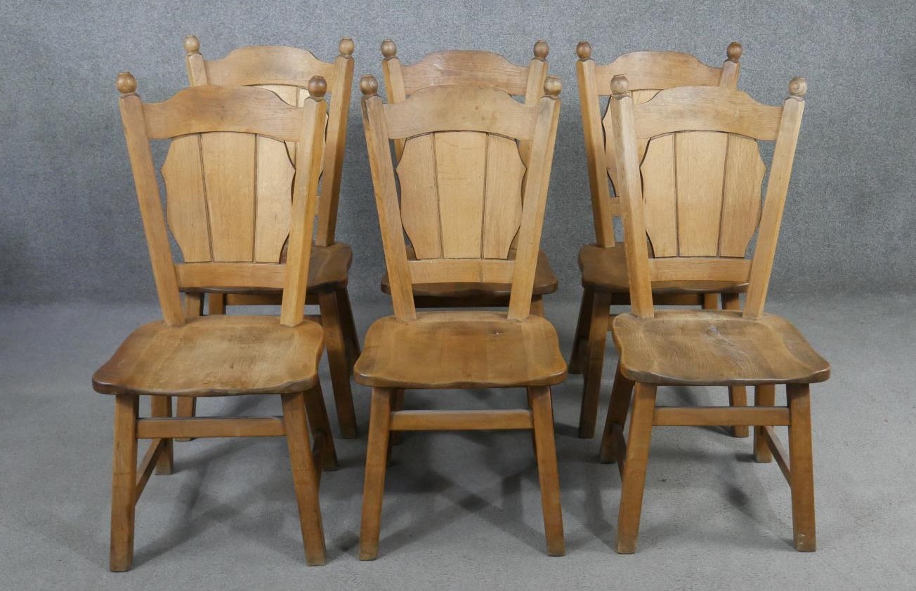 A set of six oak dining chairs, the shaped plank back, over a solid seat, on splayed square - Image 2 of 6
