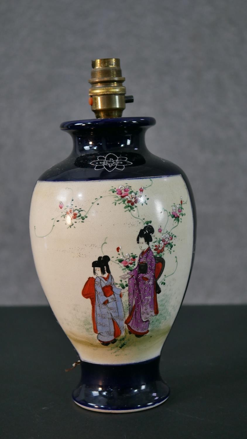 Two early 20th century hand painted and gilded Japanese Satsuma vases (one converted to a lamp) with - Image 9 of 17
