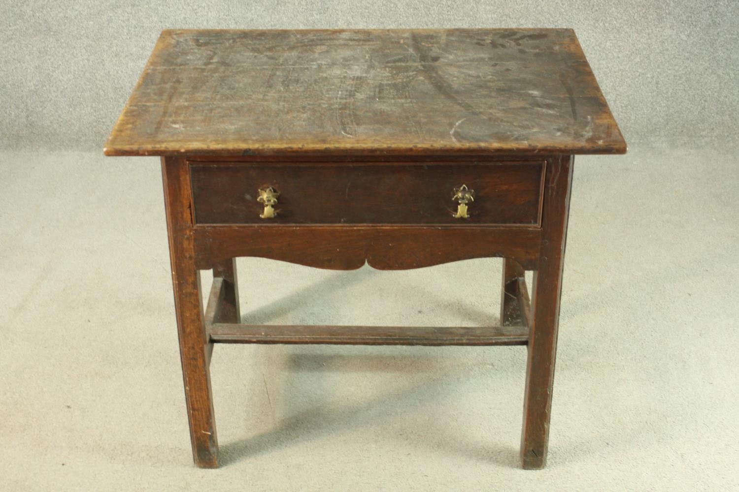 An 18th century oak side table with a rectangular top over a single drawer above a curved apron, the - Image 2 of 9