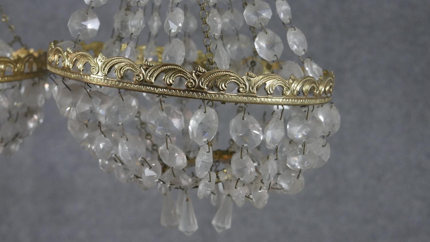 A pair of Empire style brass and crystal drop tent chandeliers. H.28 Diam.20cm - Image 4 of 6