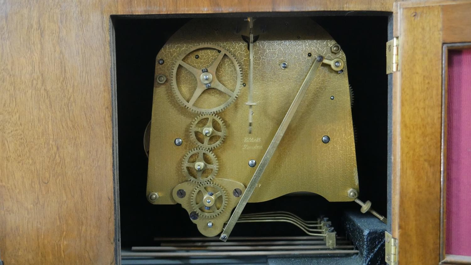 An Art Deco geometric marquetry design Elliot clock, brass movement and brushed chrome ring dial - Image 8 of 11