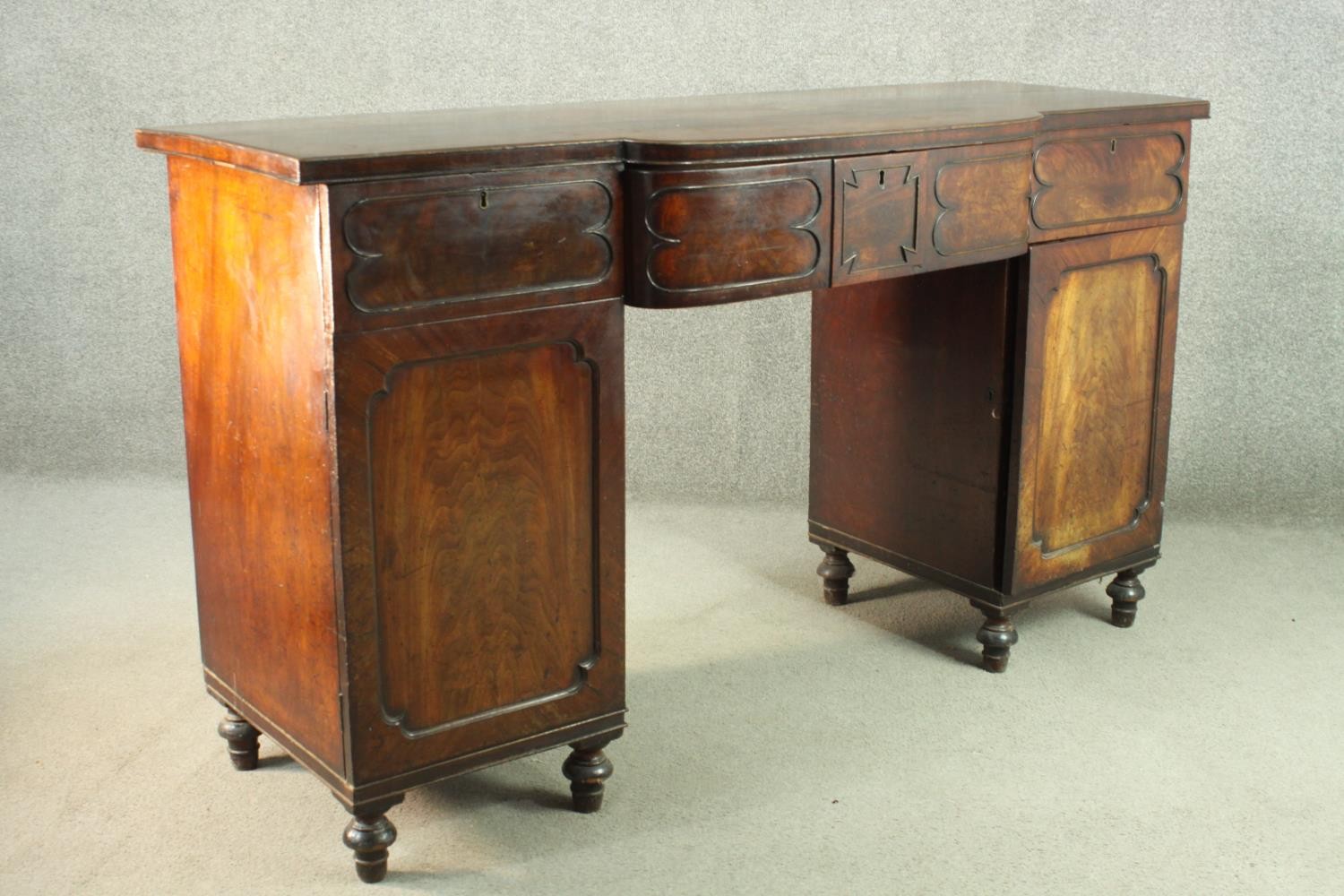 A Regency mahogany bow fronted pedestal sideboard, the central drawer fitted for cutlery, flanked by - Image 7 of 7