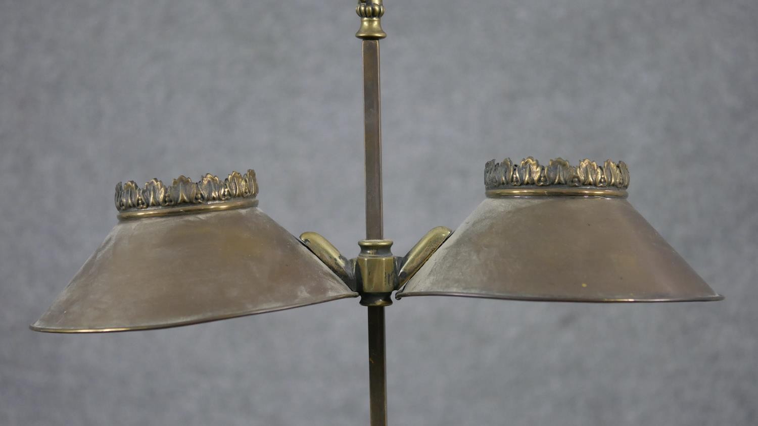 A 19th century brass double rise and fall student's candle lamp with scrolled arm supports. H.49 W. - Image 2 of 8