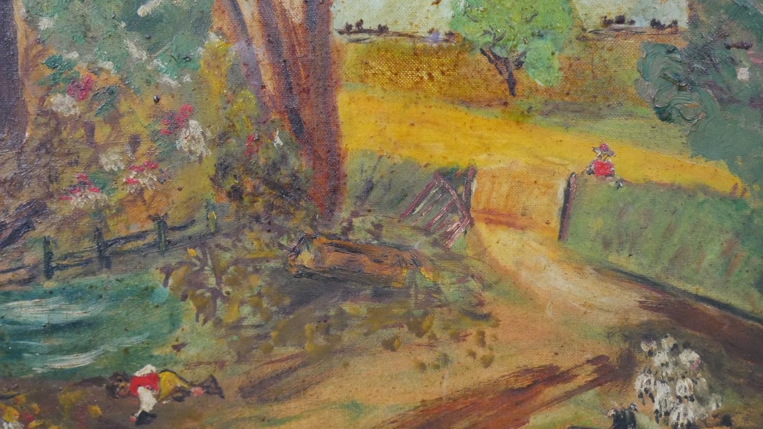 After Ben Levene, oil on board, country lane with sheep and sheepdog, signed B.D. Levene. H.45.5 W. - Image 6 of 7