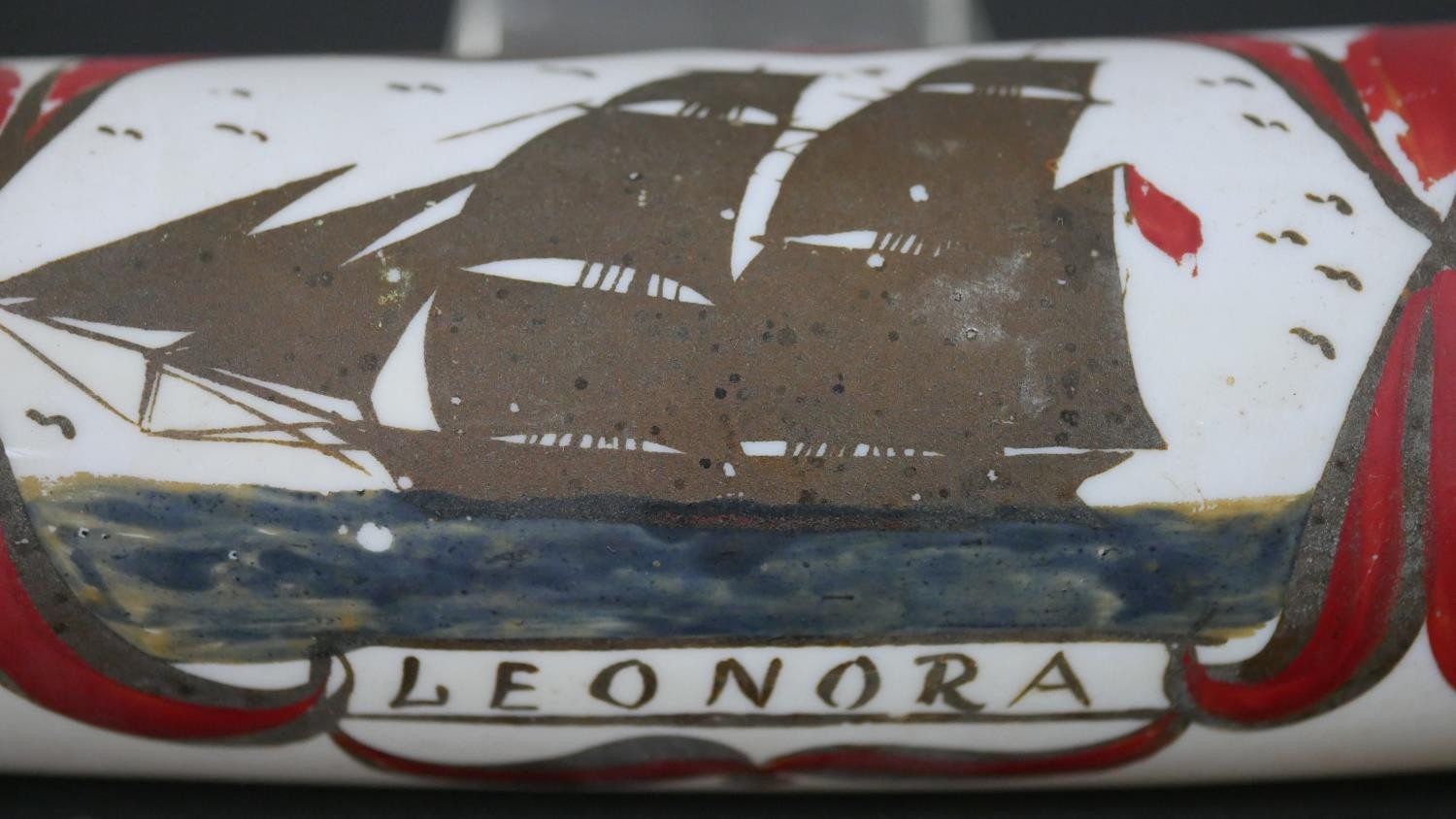 A Victorian milk glass rolling pin with hand painted design, the Leonora sailing ship inscribed ' - Image 2 of 5