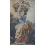 A framed and glazed 19th century watercolour of a farm girl with a basket of chickens on her head,