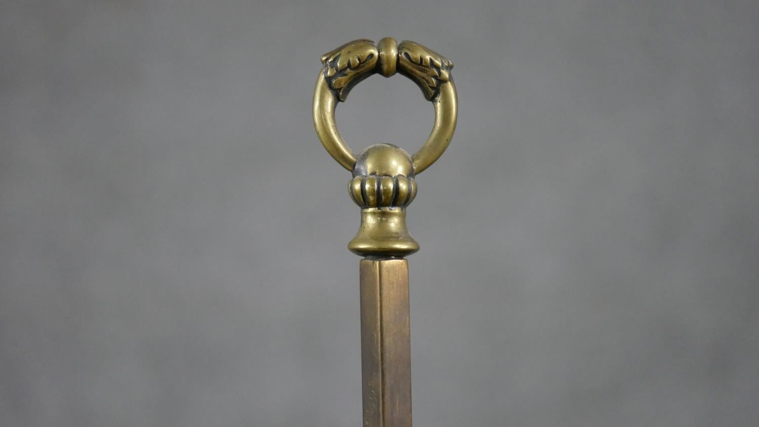 A 19th century brass double rise and fall student's candle lamp with scrolled arm supports. H.49 W. - Image 8 of 8