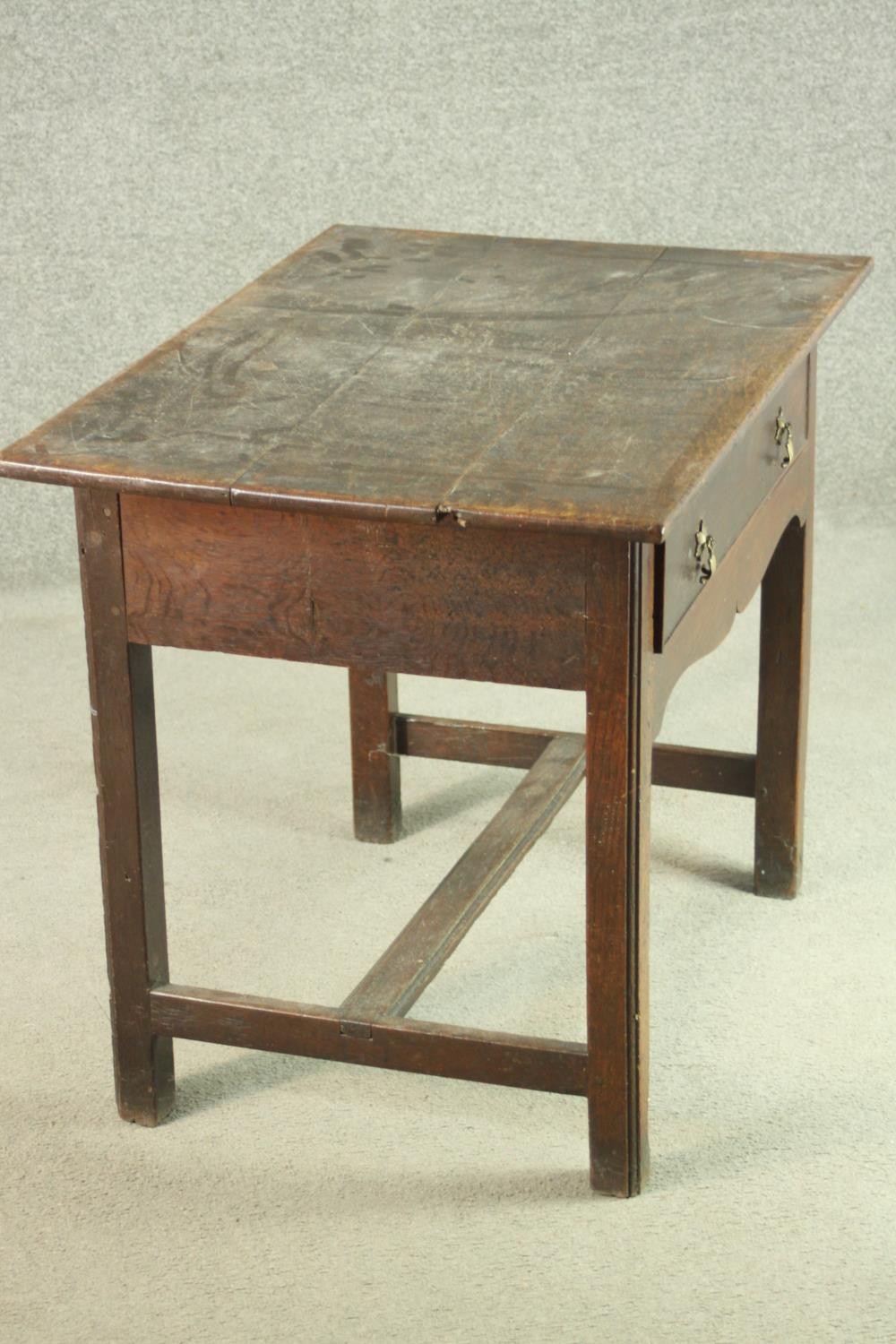 An 18th century oak side table with a rectangular top over a single drawer above a curved apron, the - Image 8 of 9