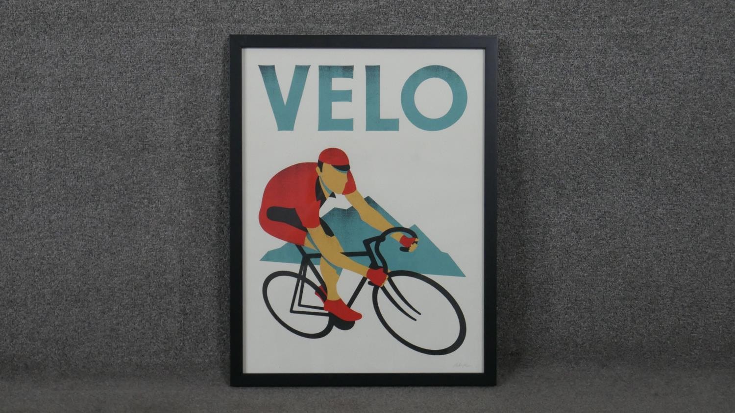 A framed and glazed coloured print VELO, of a man on a bicycle, signed and label verso. H.64.5 W. - Image 2 of 5