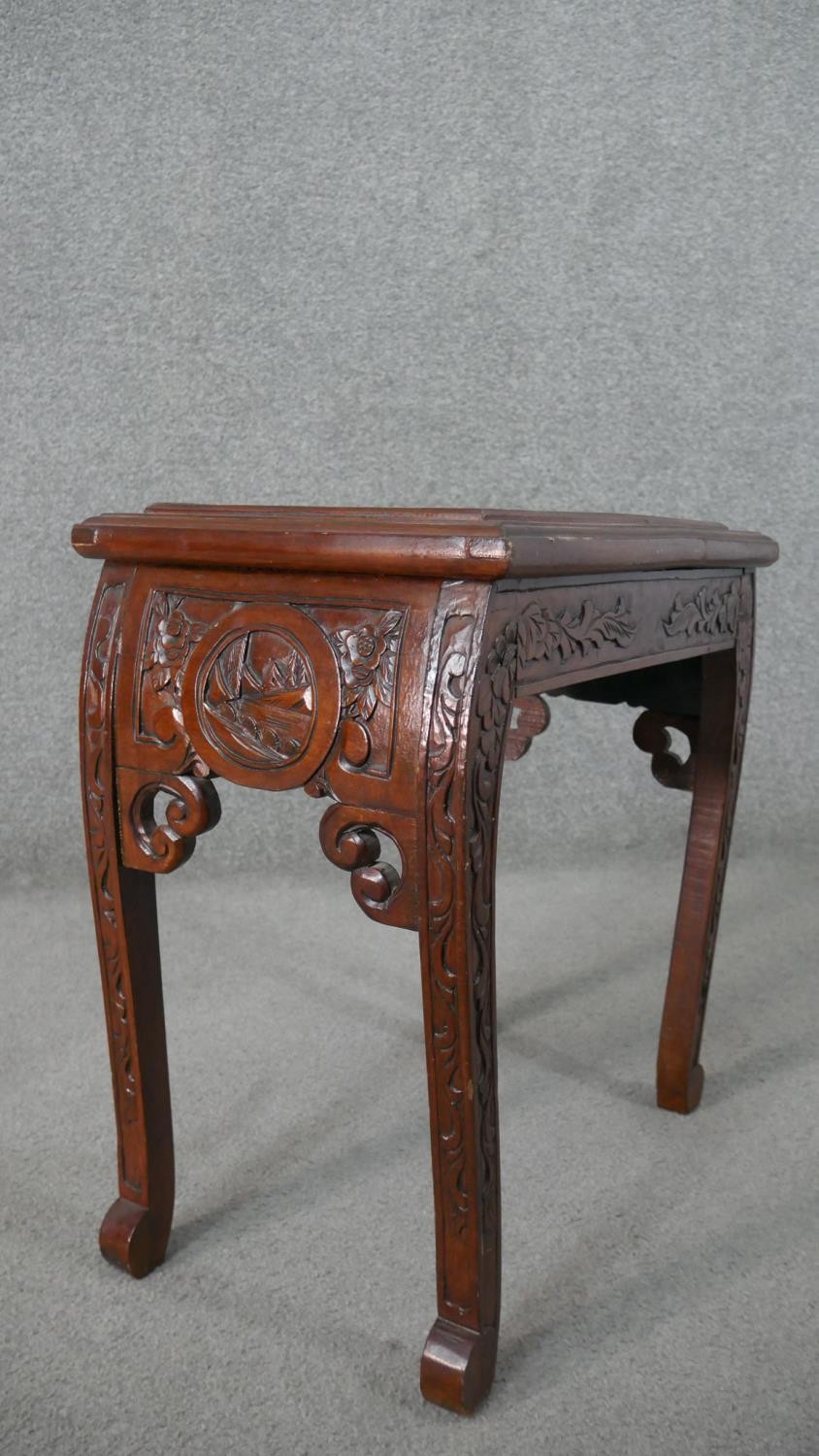 A nest to two Chinese hardwood occasional tables, with carved figural scenes to the top, on - Image 9 of 10