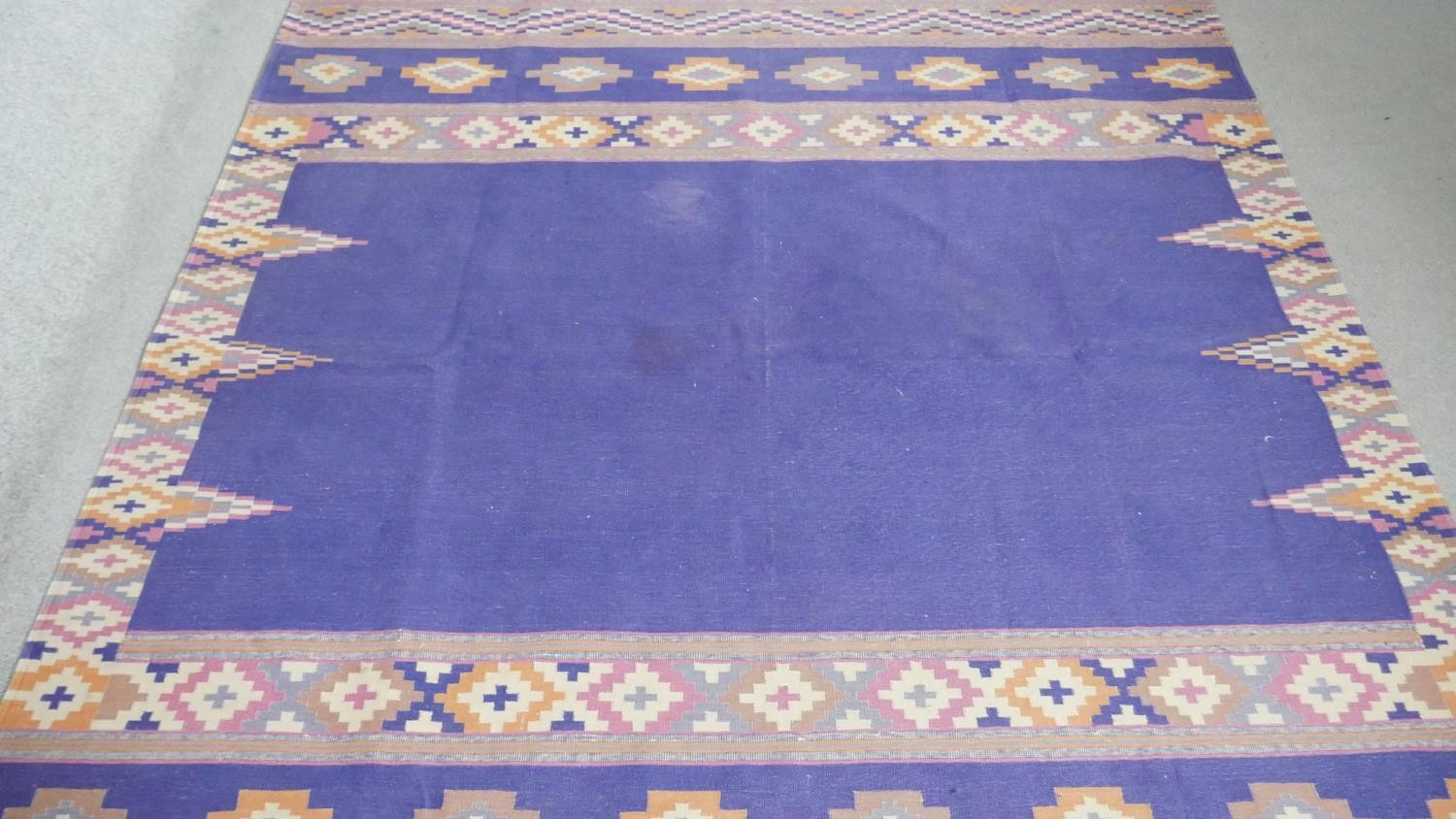 A Indian blue ground Dhurrie Kelim flat weave rug. L.275 W.85cm - Image 3 of 6
