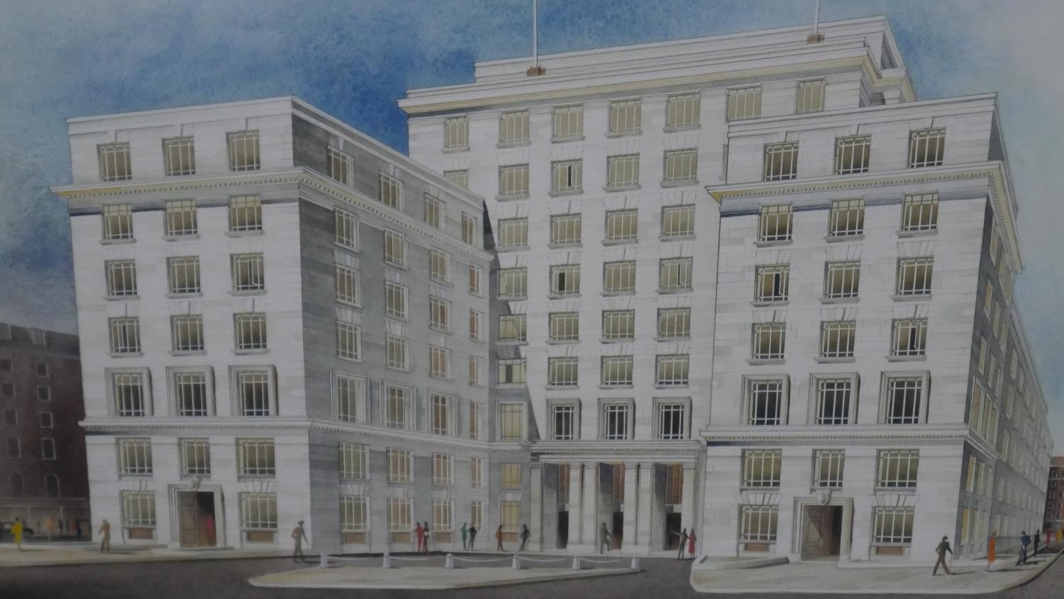 A framed and glazed watercolour of a hotel indistinctly signed. H.73 W.93cm