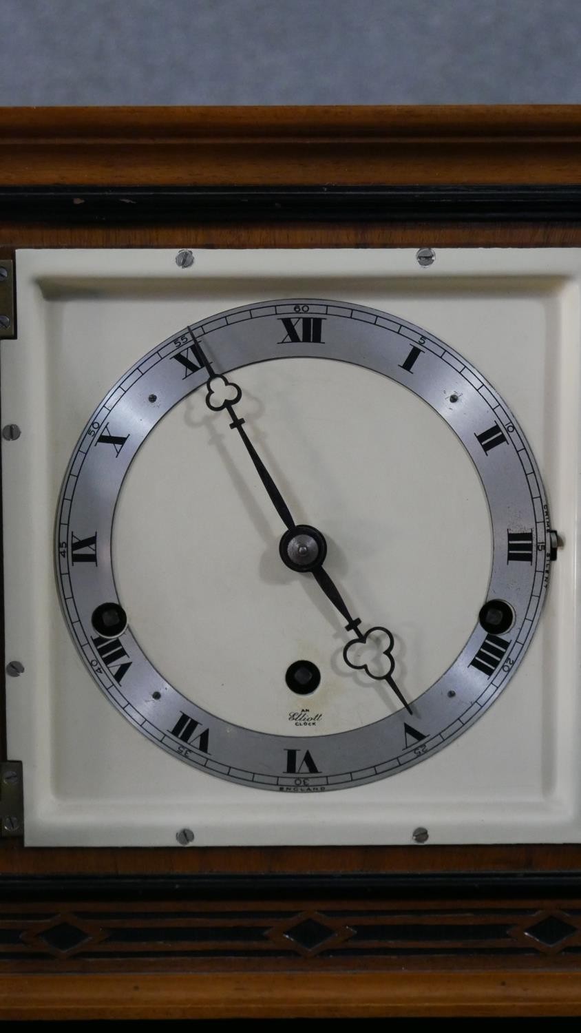 An Art Deco geometric marquetry design Elliot clock, brass movement and brushed chrome ring dial - Image 2 of 11