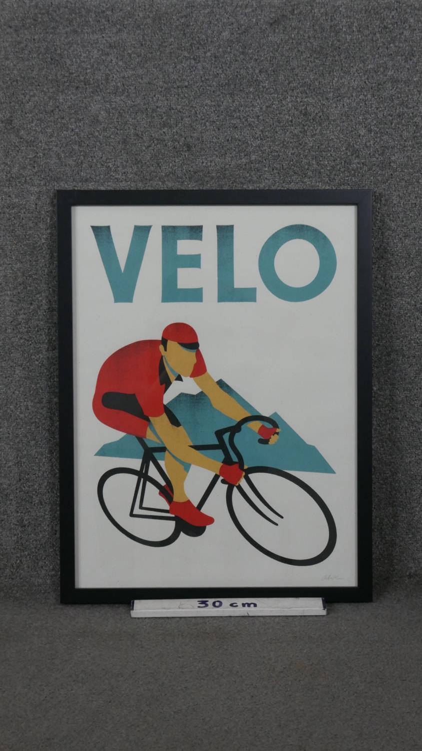 A framed and glazed coloured print VELO, of a man on a bicycle, signed and label verso. H.64.5 W. - Image 3 of 5