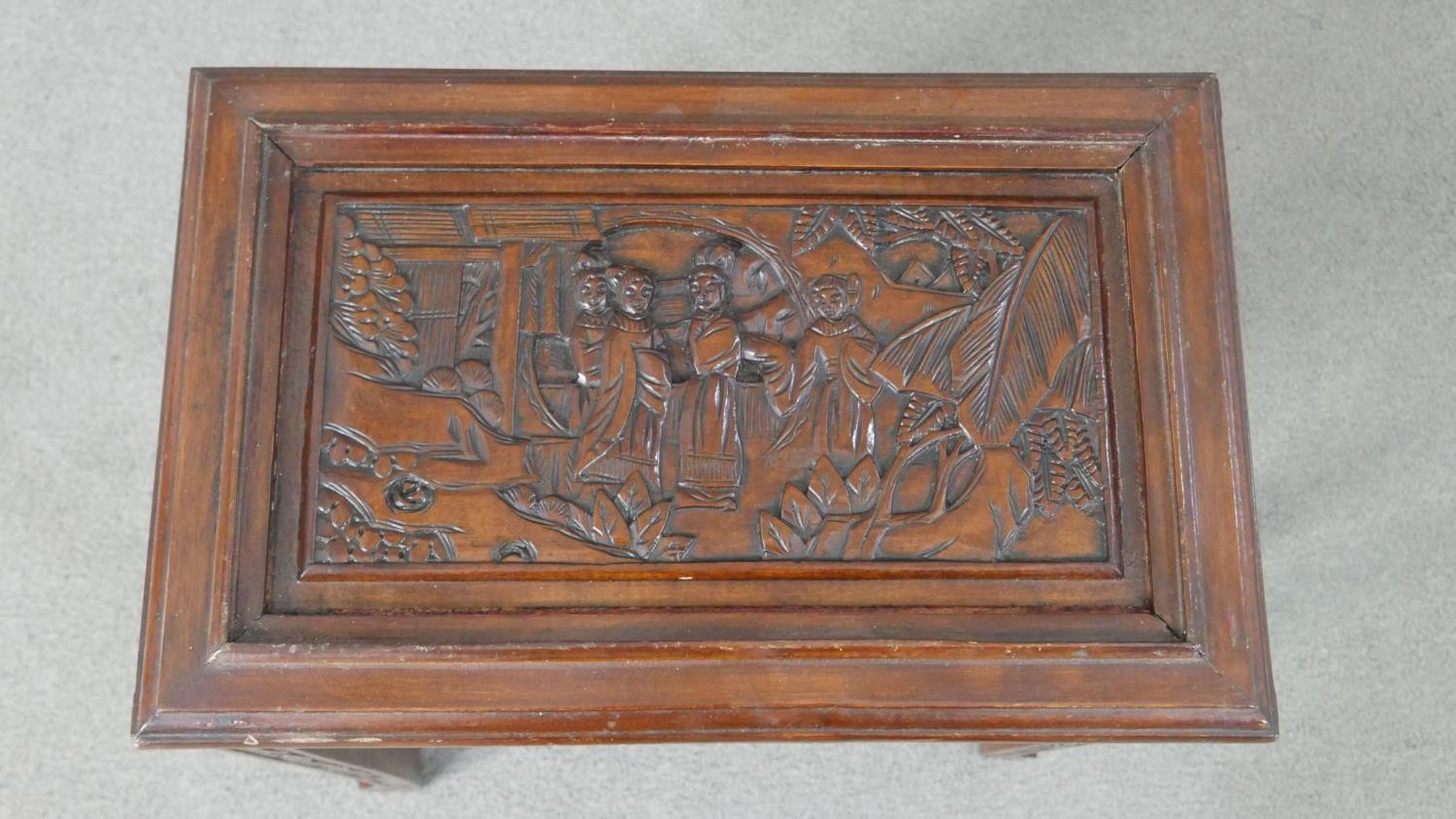 A nest to two Chinese hardwood occasional tables, with carved figural scenes to the top, on - Image 2 of 10